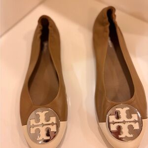 Tory Burch Tan Leather Flats with Silver Logo